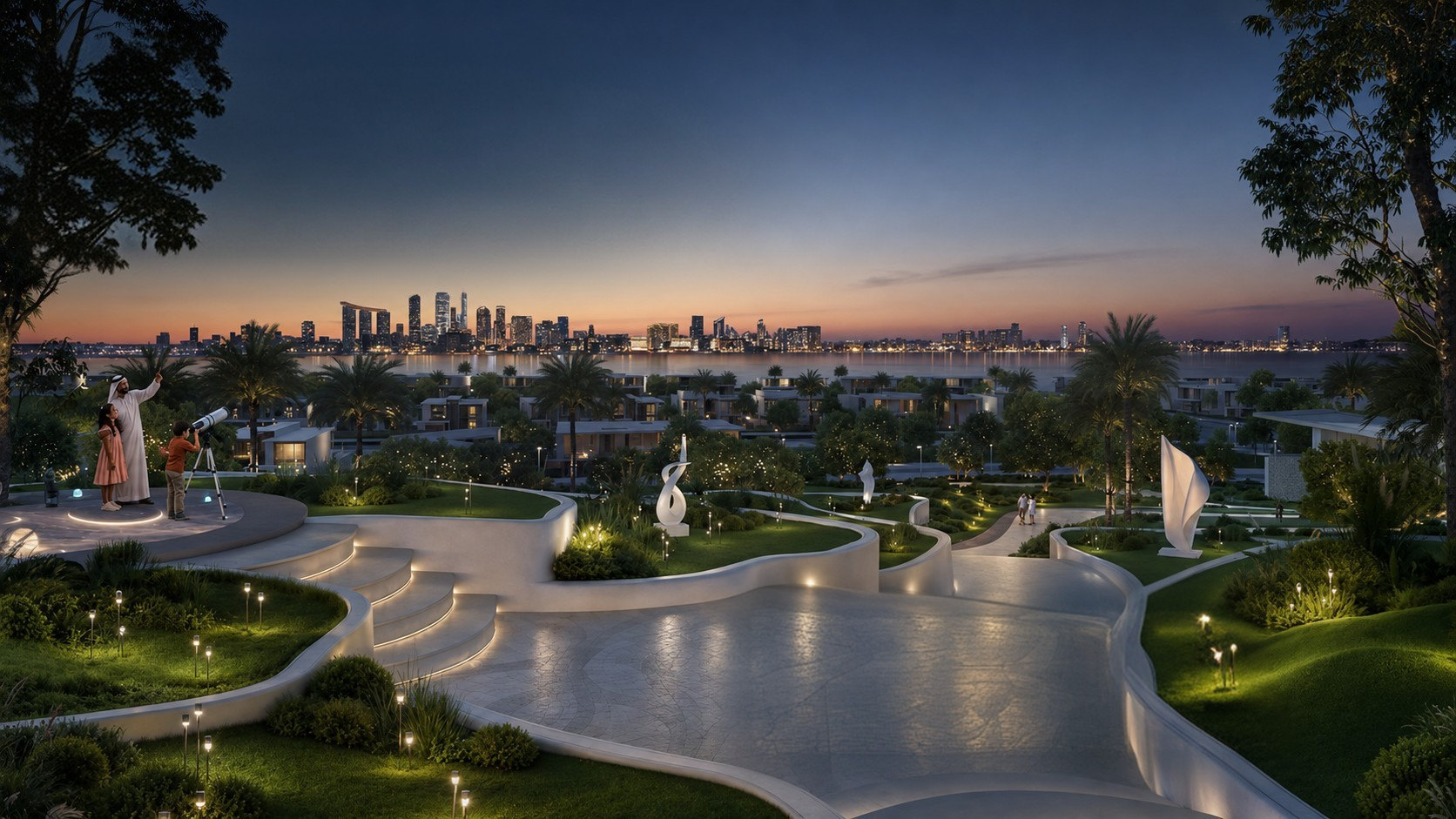 Marsa Al Saadiyat park evening skyline view
